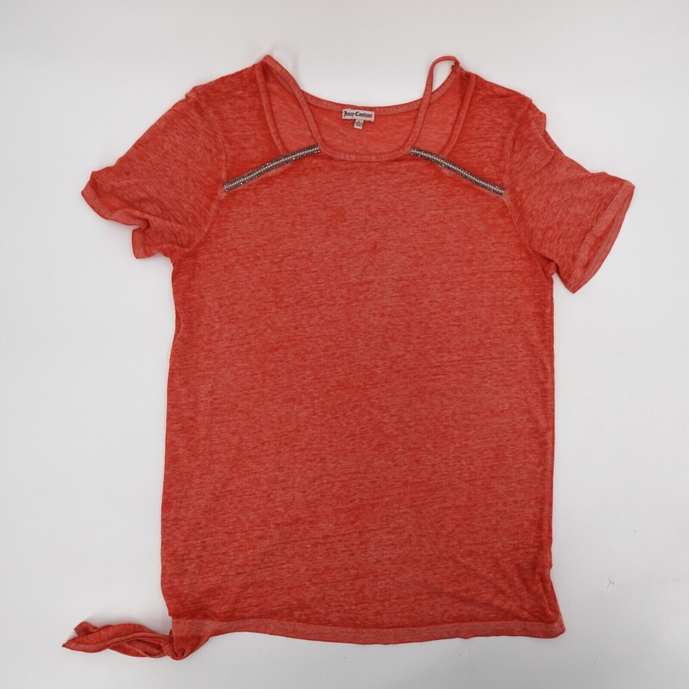 Juicy Couture Shirt Womens Large Orange Sequins Tie Waist Strappy Short Sleeve